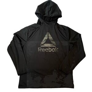 Reebok Hoodie Black Kangaroo Pocket Spell Out Logo Long Sleeve Mens‎ Sz Large
